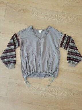Mystree Crochet Sweater Top Knit Pullover Shirt Taupe Gray Brown Orange Small